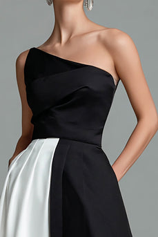 Black and White Patchwork Satin A Line Long Formal Dress