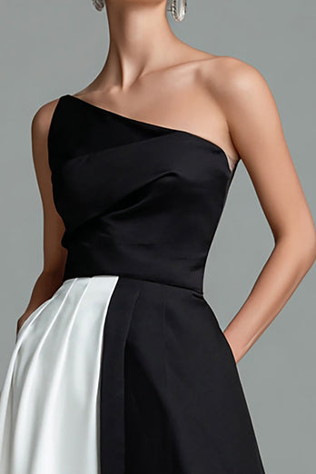 Black and White Patchwork Satin A Line Long Formal Dress