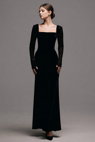 Simple Black Sheath Velvet Long Sleeves Holiday Party Dress