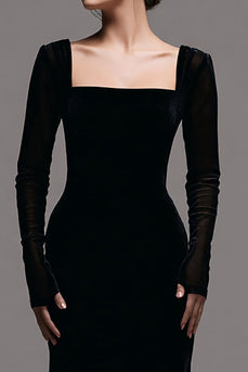 Simple Black Sheath Velvet Long Sleeves Holiday Party Dress