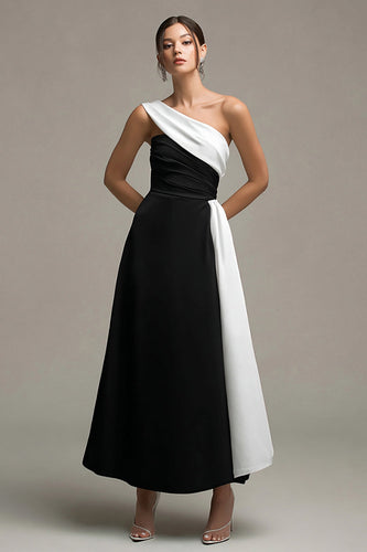 Satin A Line Black and White Long Formal Dress