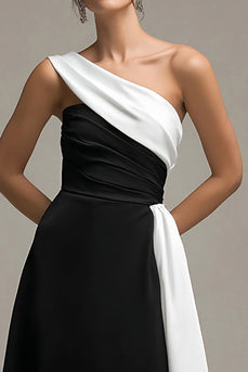 Satin A Line Black and White Long Formal Dress