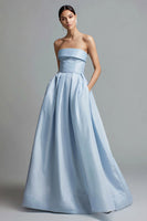 Load image into Gallery viewer, Simple Sky Blue A Line Satin Strapless Long Formal Dress