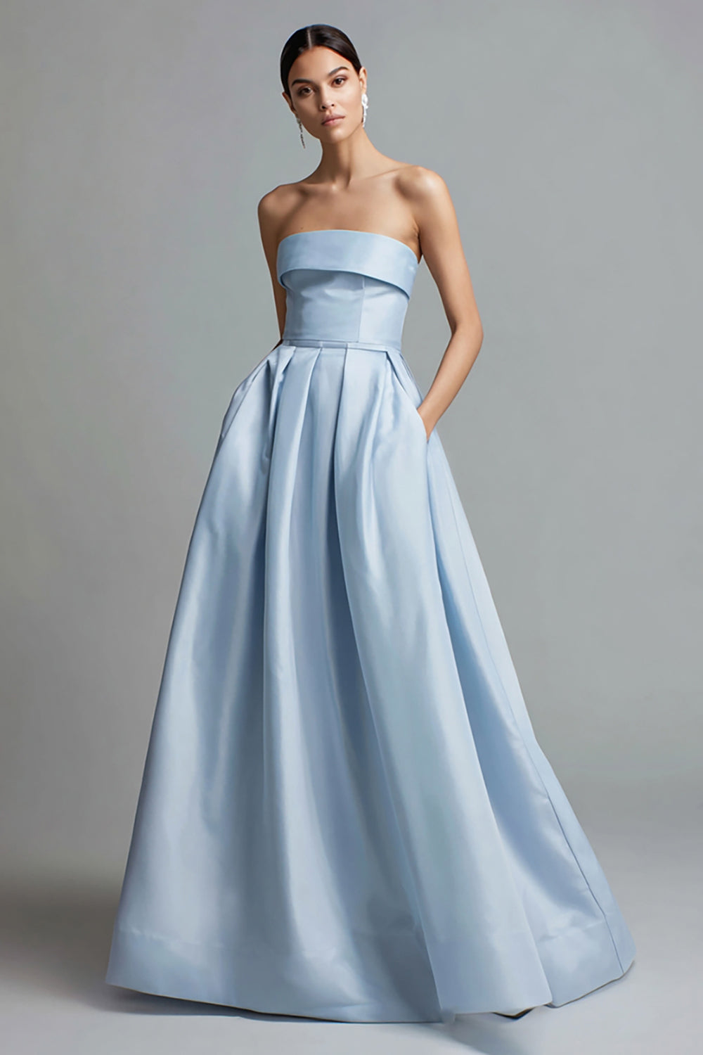 Simple Sky Blue A Line Satin Strapless Long Formal Dress