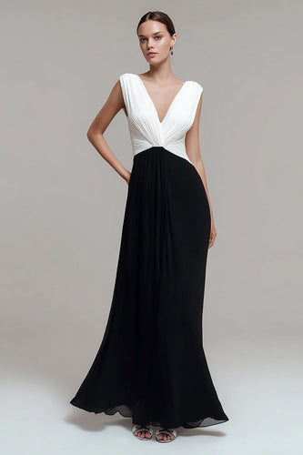 Black and White Chiffon Ruched V Neck Long Formal Dress