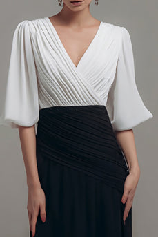 Chiffon Black and White Long Ruched Formal Dress with Sleeves