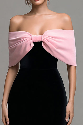 Black and Pink Strapless Velvet Bodycon Maxi Holiday Party Dress with Bow