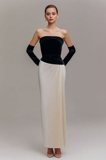 Black and Champagne Strapless Velvet Sheath Long Holiday Party Dress