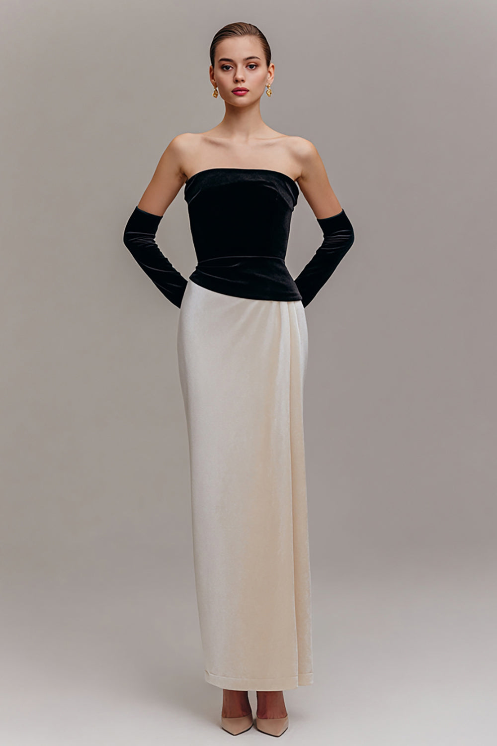 Black and Champagne Strapless Velvet Sheath Long Holiday Party Dress