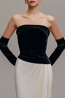 Load image into Gallery viewer, Black and Champagne Strapless Velvet Sheath Long Holiday Party Dress