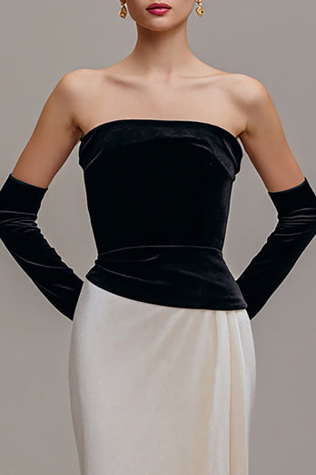Black and Champagne Strapless Velvet Sheath Long Holiday Party Dress