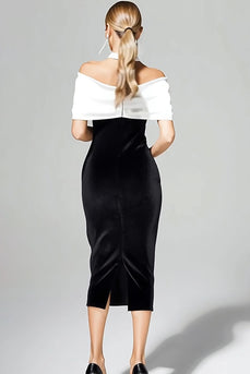 Black and White Bodycon Velvet Maxi Holiday Party Dress with Bow