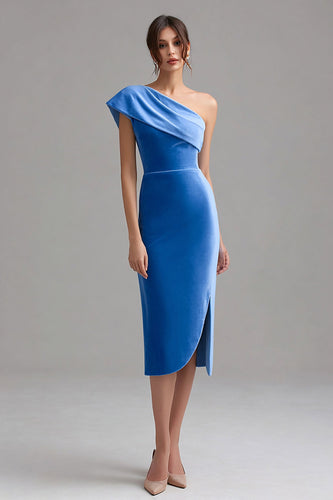 Blue One Shoulder Velvet Midi Bodycon Holiday Party Dress with Slit