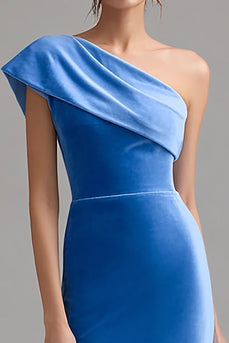 Blue One Shoulder Velvet Midi Bodycon Holiday Party Dress with Slit