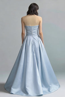 Sky Blue Satin Ruched Strapless A Line Long Formal Dress