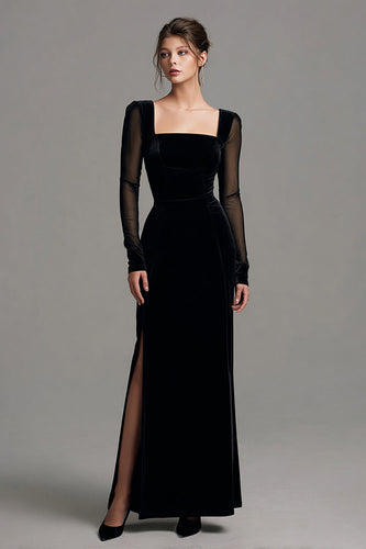 Black Velvet Sheath Long Sleeves Holiday Party Dress with Slit