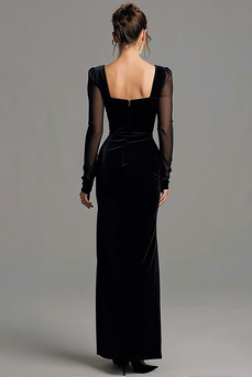 Black Velvet Sheath Long Sleeves Holiday Party Dress with Slit