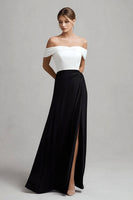 Load image into Gallery viewer, Black and White Off the Shoulder Satin Long Formal Dress with Slit