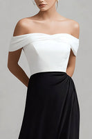 Load image into Gallery viewer, Black and White Off the Shoulder Satin Long Formal Dress with Slit