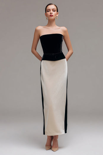 Black and Champagne Patchwork Sheath Long Holiday Party Dress
