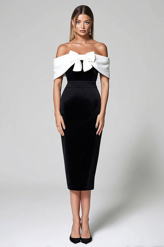 Black and White Off the Shoulder Bodycon Midi Cocktail Dress with Bow