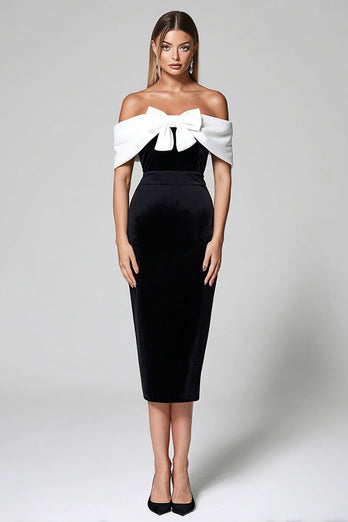 Black and White Off the Shoulder Bodycon Midi Cocktail Dress with Bow