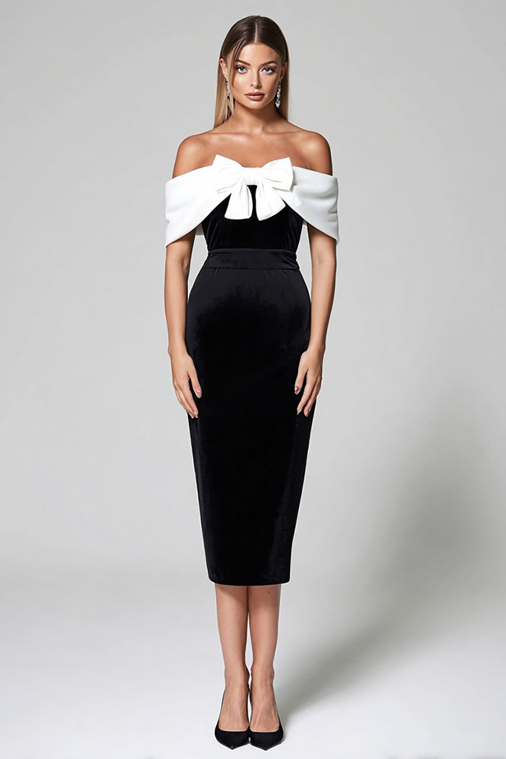 Black and White Off the Shoulder Bodycon Midi Cocktail Dress with Bow