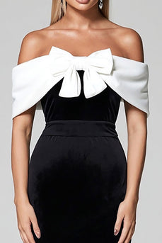 Black and White Off the Shoulder Bodycon Midi Cocktail Dress with Bow