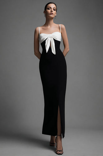 Black and White Spaghetti Straps Sheath Bow Long Formal Dress with Slit