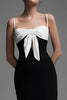 Load image into Gallery viewer, Black and White Spaghetti Straps Sheath Bow Long Formal Dress with Slit