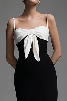 Black and White Spaghetti Straps Sheath Bow Long Formal Dress with Slit
