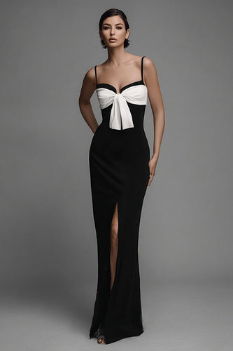 Sheath Black and White Spaghetti Straps Bow Long Formal Dress with Slit