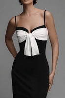 Load image into Gallery viewer, Sheath Black and White Spaghetti Straps Bow Long Formal Dress with Slit