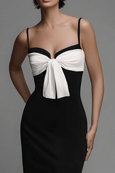 Sheath Black and White Spaghetti Straps Bow Long Formal Dress with Slit