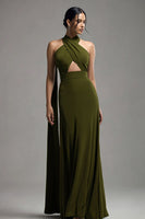 Load image into Gallery viewer, Olive Satin Keyhole Halter Long Formal Dress with Cape