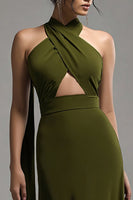 Load image into Gallery viewer, Olive Satin Keyhole Halter Long Formal Dress with Cape