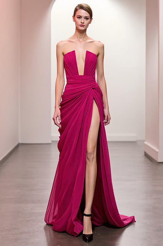 Pink Ruched Strapless Maxi Evening Dress with Slit