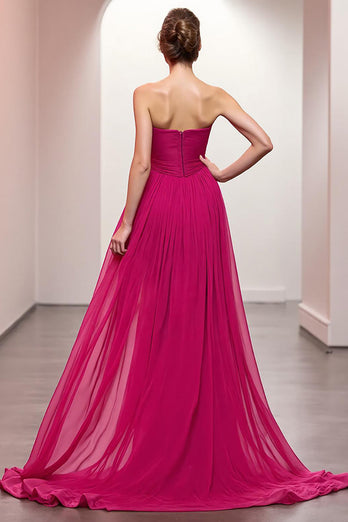 Pink Ruched Strapless Maxi Evening Dress with Slit