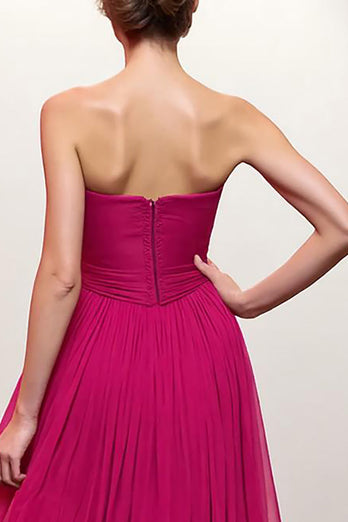 Pink Ruched Strapless Maxi Evening Dress with Slit