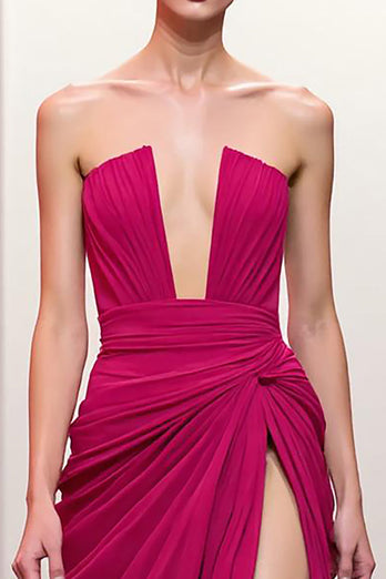 Pink Ruched Strapless Maxi Evening Dress with Slit