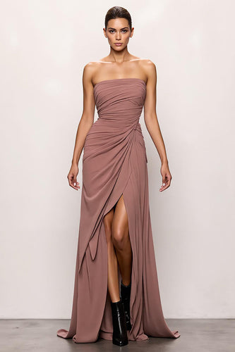Blush Strapless Backless Ruched Long Evening Dress with Slit