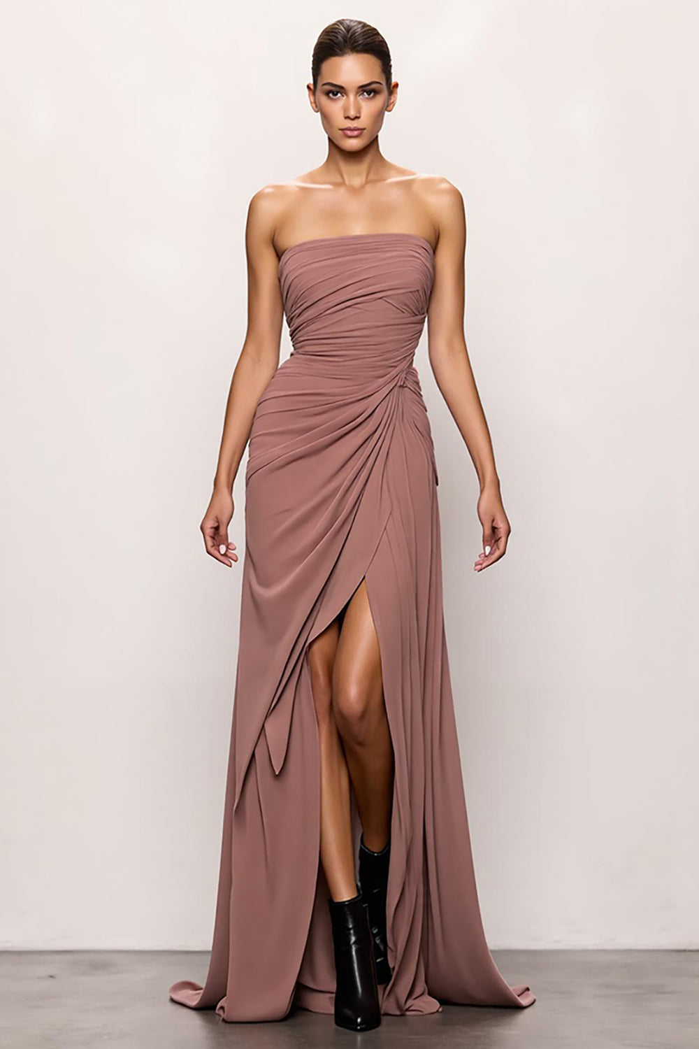 Blush Strapless Backless Ruched Long Evening Dress with Slit