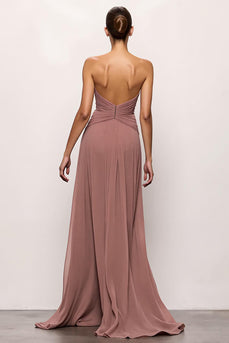 Blush Strapless Backless Ruched Long Evening Dress with Slit