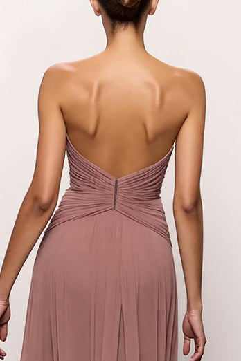 Blush Strapless Backless Ruched Long Evening Dress with Slit