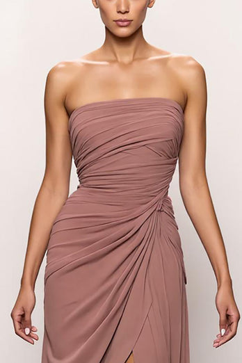 Blush Strapless Backless Ruched Long Evening Dress with Slit