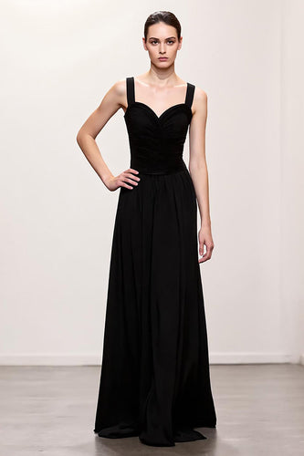 Simple Black Ruched A Line Long Evening Dress