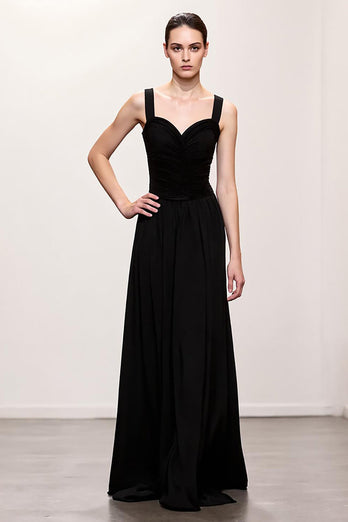 Simple Black Ruched A Line Long Evening Dress