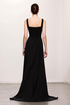 Simple Black Ruched A Line Long Evening Dress