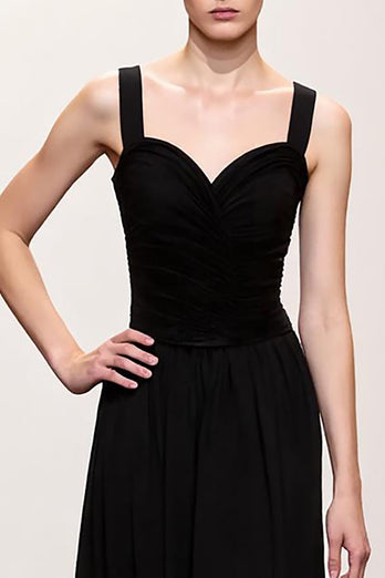 Simple Black Ruched A Line Long Evening Dress