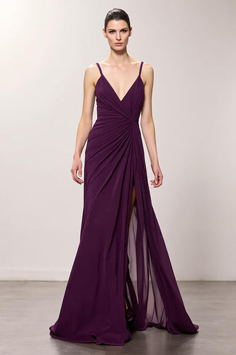 Purple Spaghetti Straps Chiffon A Line Ruched Long Evening Dress with Slit